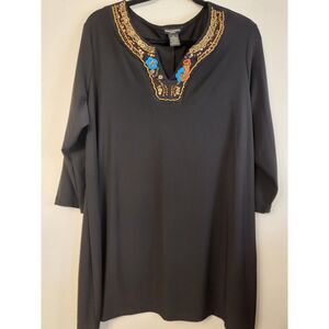 NWOT Susan Lawrence Black‎ Beaded V Neck 3/4 Sleeve Tunic Top Women Size 2x.